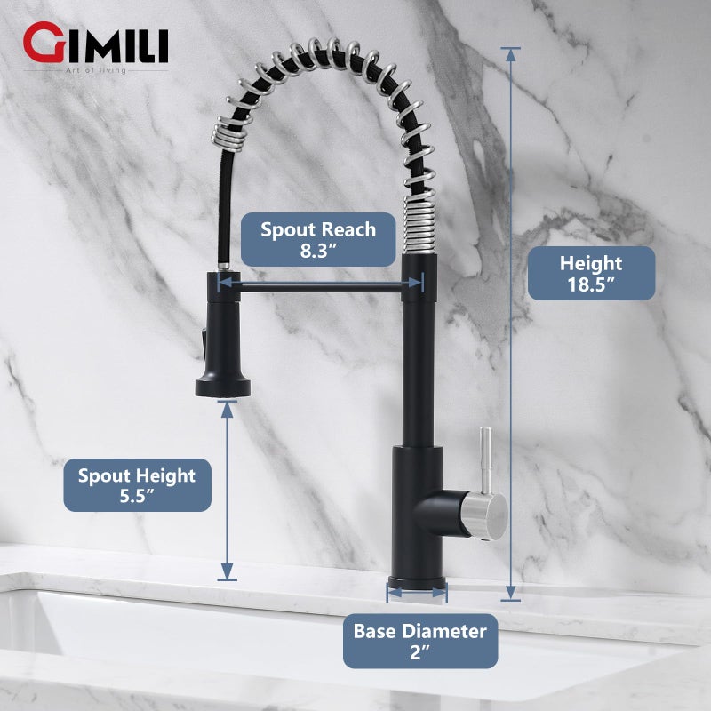 GIMILI Kitchen Faucet with Pull Down Sprayer Single Hole Stainless Steel Sink Faucet, Suitable for Farmhouses, RV, Laundry Room, Outdoor, and Campers. Llave para fregadero de cocina Black and Nickel - Image 2